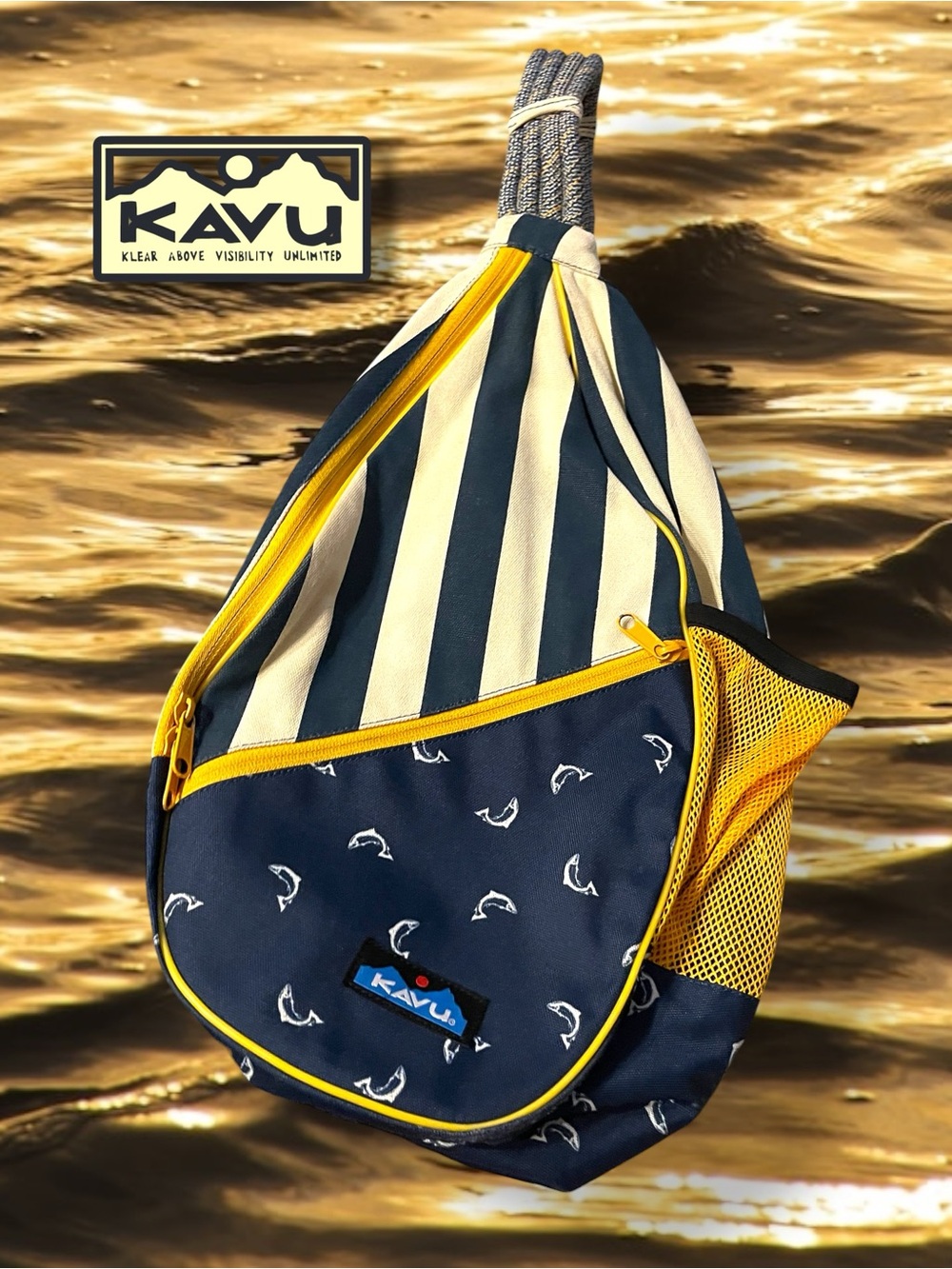 Kavu Paxton Fly Fish Sling
Bag Navy Stripe Yellow Trim